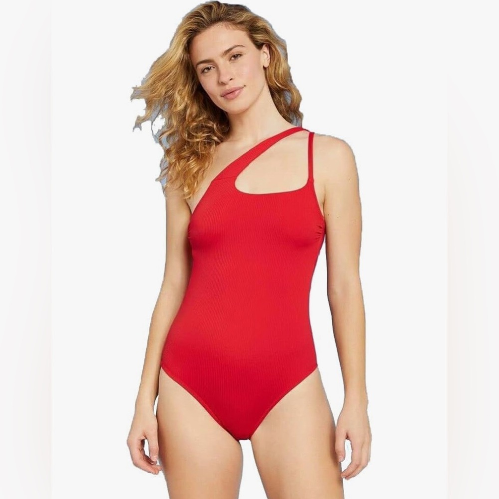 Shade & Shore Women's Ribbed Asymmetrical One Shoulder One Piece Swimsuit